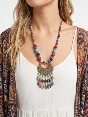 Boho Crescent Necklace | Oxidized Silver Kuchi Fringe Statement